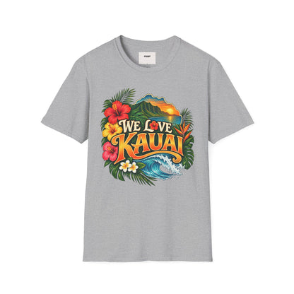 We Love Kauai T-Shirt — Hawaiian Island Sunset Floral Tee