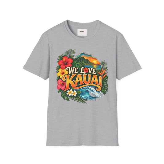 We Love Kauai T-Shirt — Hawaiian Island Sunset Floral Tee