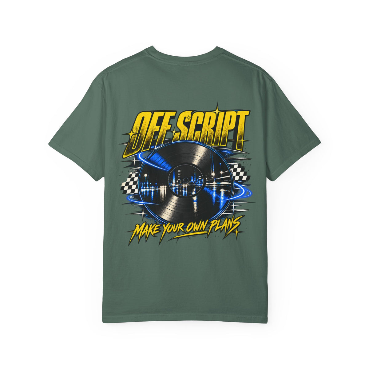T-Shirt — Off Script Vinyl Graphic Tee: "Make Your Own Plans" Retro Racing Design