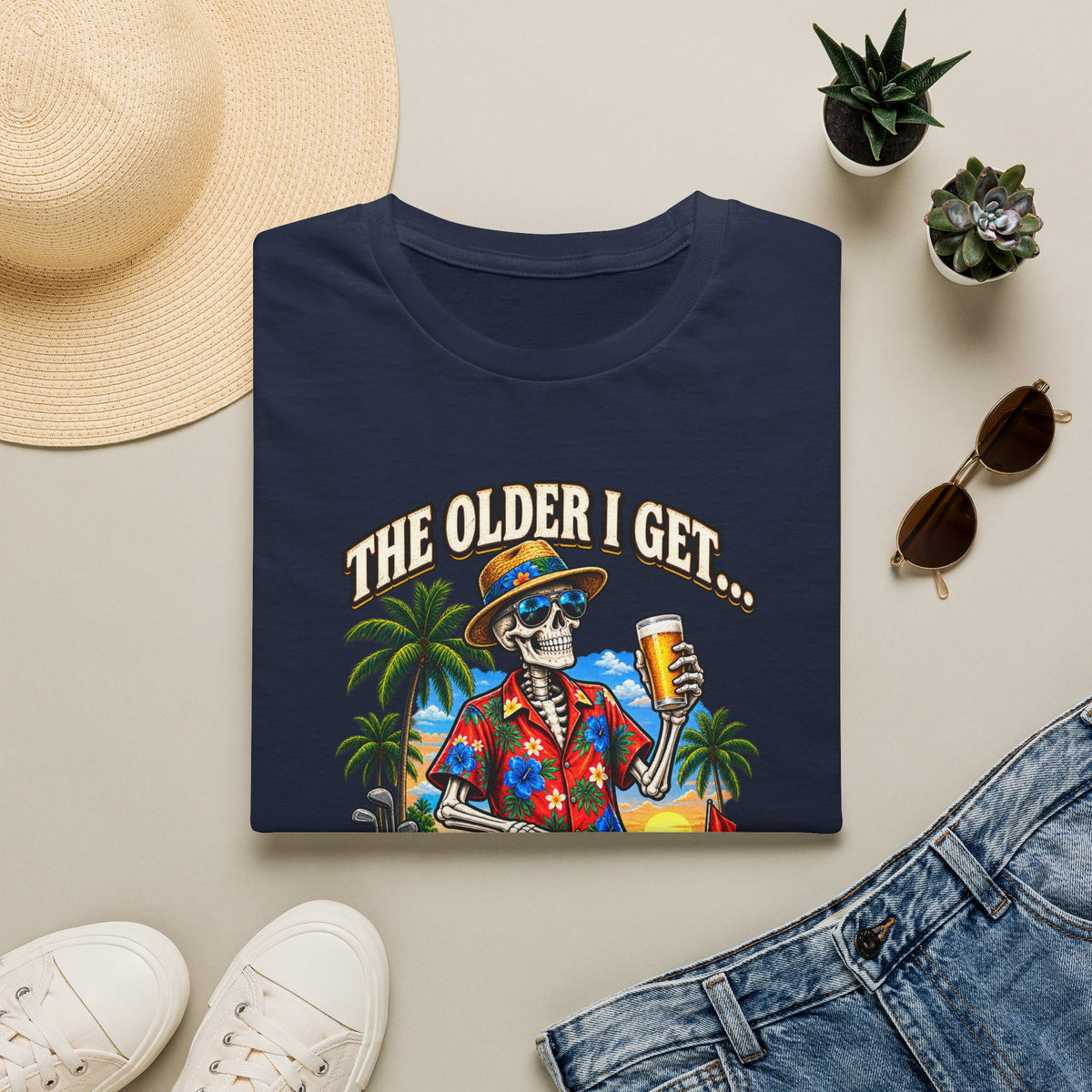 T-Shirt — “The Older I Get… The Further My Balls Go Into The Woods” Retro Tropical Skeleton Humor Tee