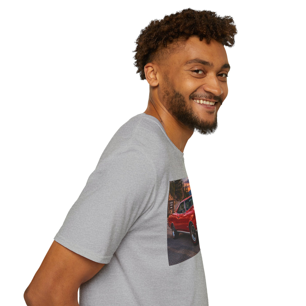 Classic Red Muscle Car T-Shirt — Vintage Pontiac Sunset Driving Tee