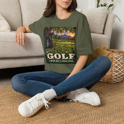 Golf Relaxation T-Shirt — "GOLF: a great way to relieve stress" Scenic Sunset Design