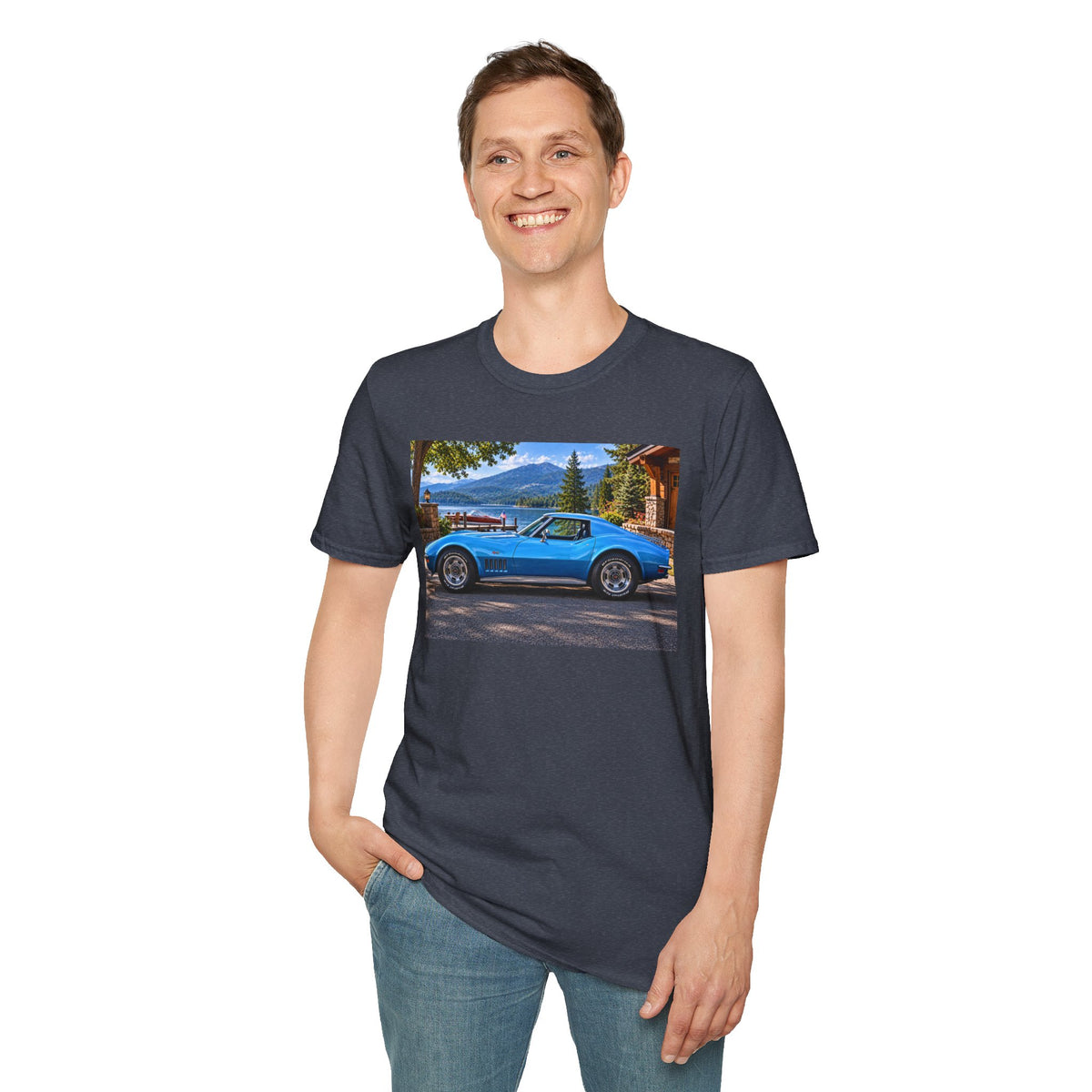 1968 Chevrolet Corvette Stingray Graphic T‑Shirt — Blue Classic Car Lakefront Print