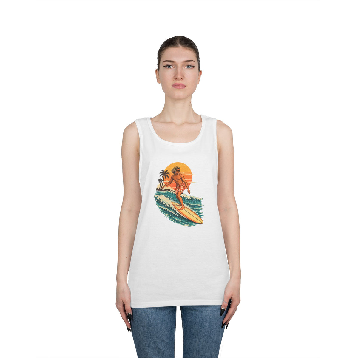 Surfing Sunset Tank — Retro Surfer Graphic Tank Top
