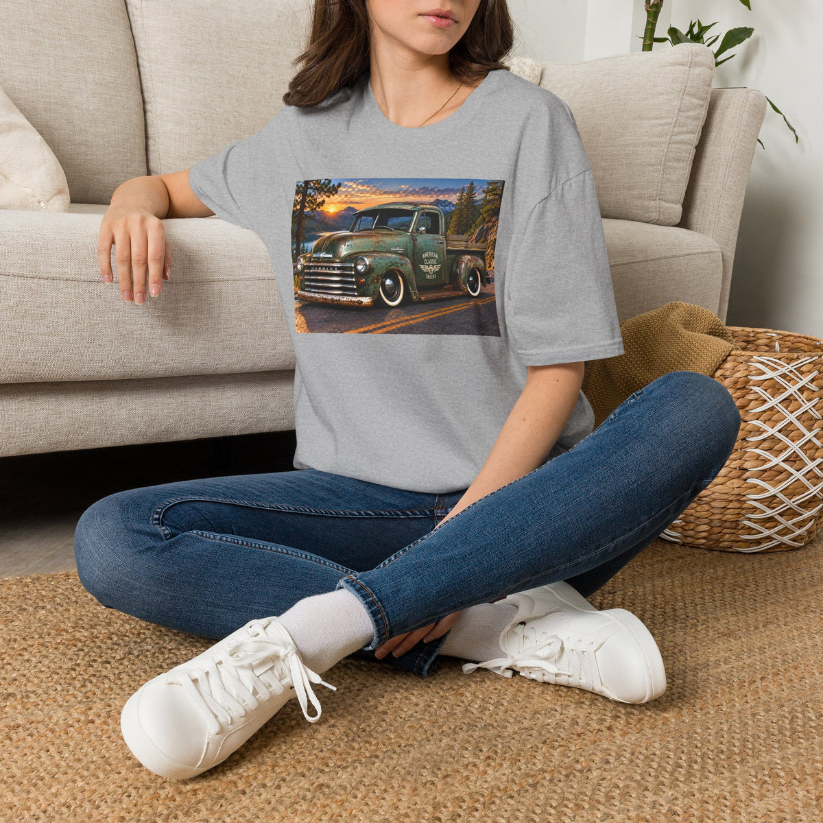 Vintage Green Pickup Truck T-Shirt — Retro Rustic Sunset Road Tee