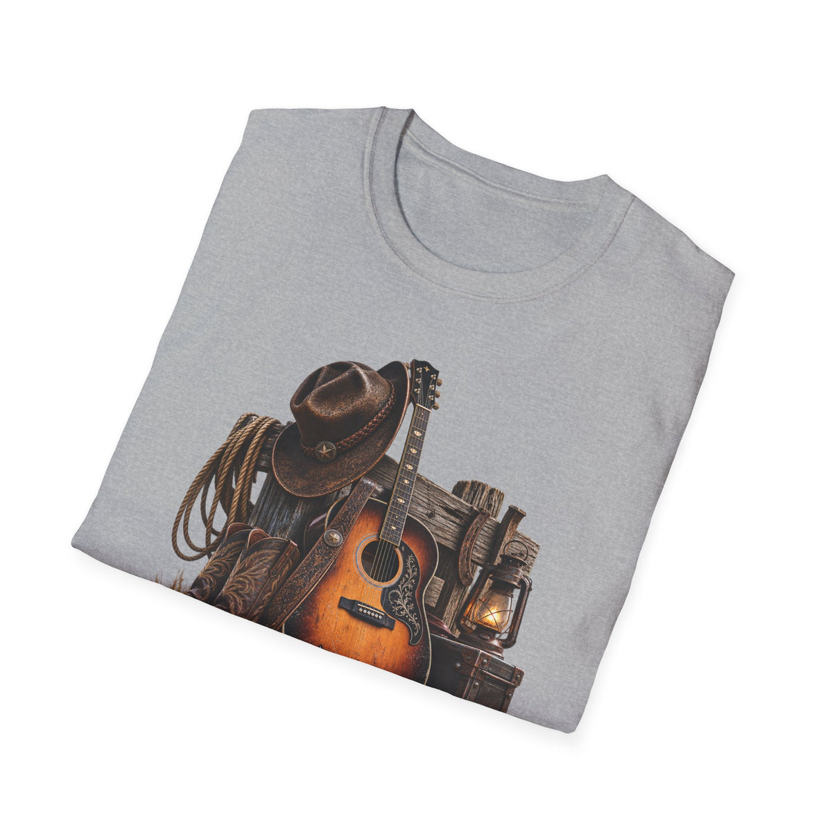 Country Music Guitar T-Shirt — Rustic Cowboy Hat & Lantern Graphic