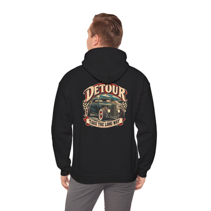 Detour Vintage Hot Rod Hoodie — "Take The Long Way" Classic Car Sweatshirt