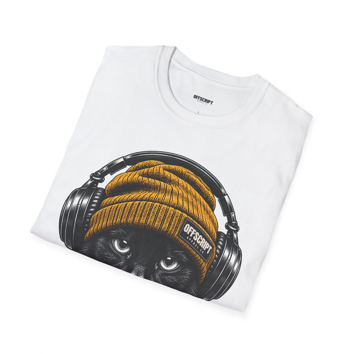 Cat Headphones T-Shirt — Cool Black Cat with Beanie & Headphones Graphic