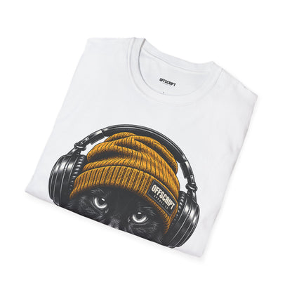 Cat Headphones T-Shirt — Cool Black Cat with Beanie & Headphones Graphic