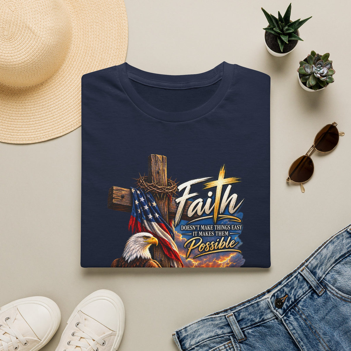 Faith Eagle T-Shirt — 'Faith Makes The Impossible Possible' Patriotic Cross Design