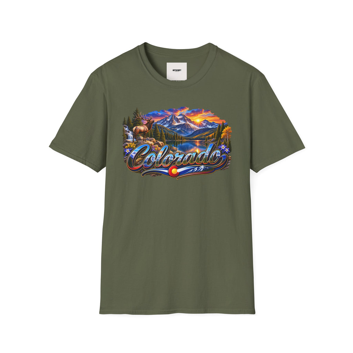 Colorado Scenic T‑Shirt — Mountain Sunset Landscape with Elk and State Script