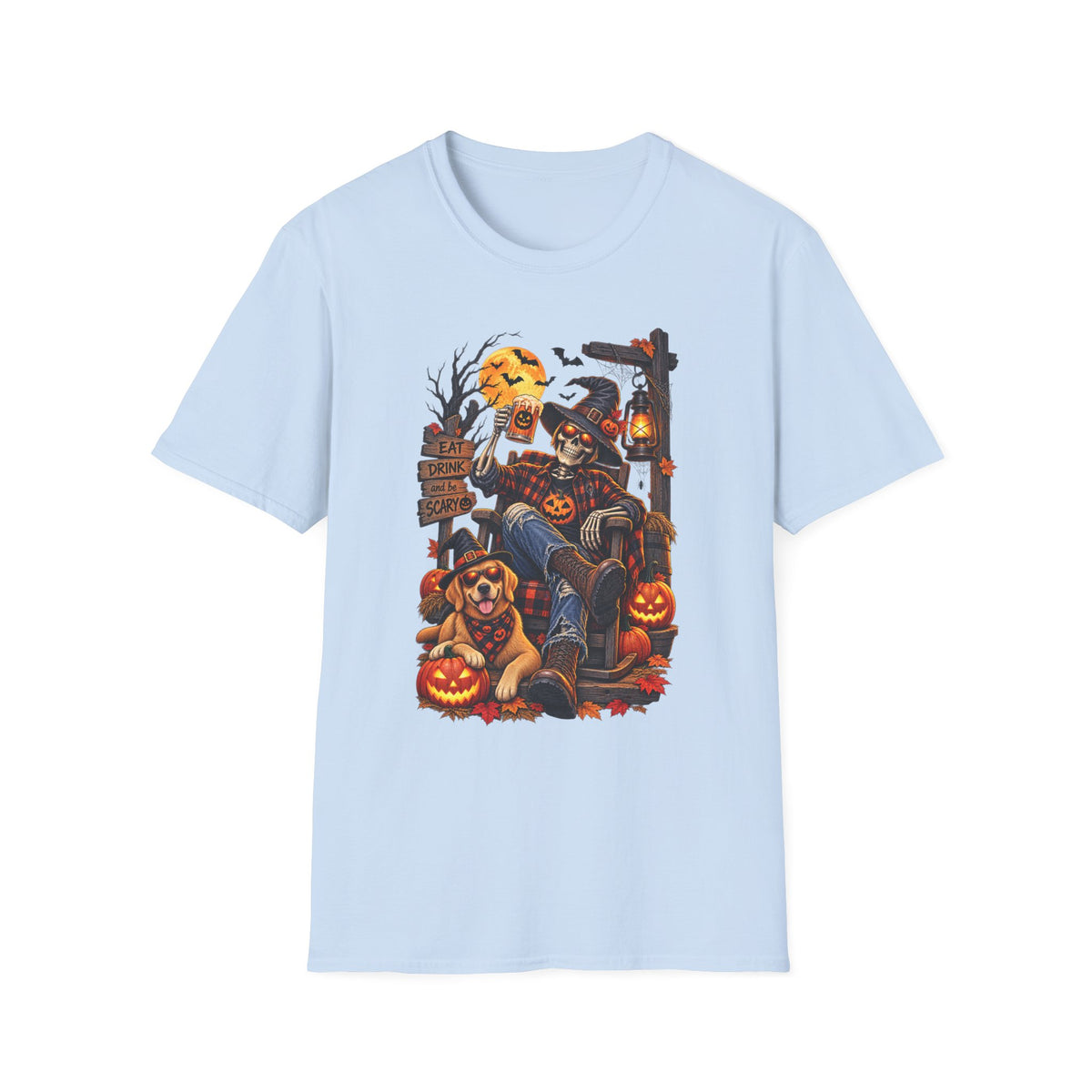 Halloween Skeleton Scarecrow T-Shirt — 'Eat Drink & Be Scary' Pumpkin Dog Tee