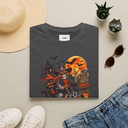 Halloween Biker Skeleton T-Shirt — "Ride If You Dare" Spooky Motorcycle Tee