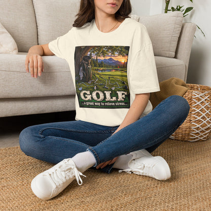 Golf Relaxation T-Shirt — "GOLF: a great way to relieve stress" Scenic Sunset Design