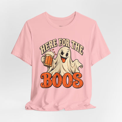 Here for the Boos Halloween T-Shirt — Ghost Drinking Beer Graphic Tee