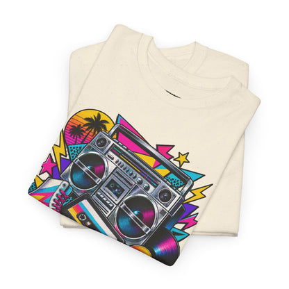Retro Boombox Tee — 80s Neon Music Graphic T-Shirt