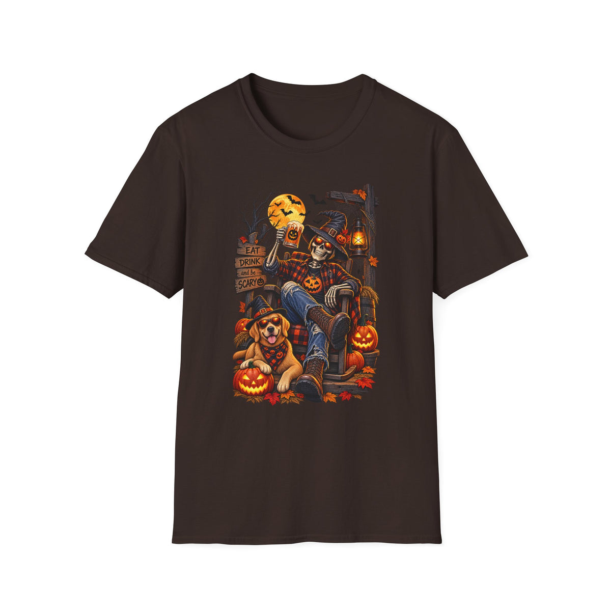 Halloween Skeleton Scarecrow T-Shirt — 'Eat Drink & Be Scary' Pumpkin Dog Tee