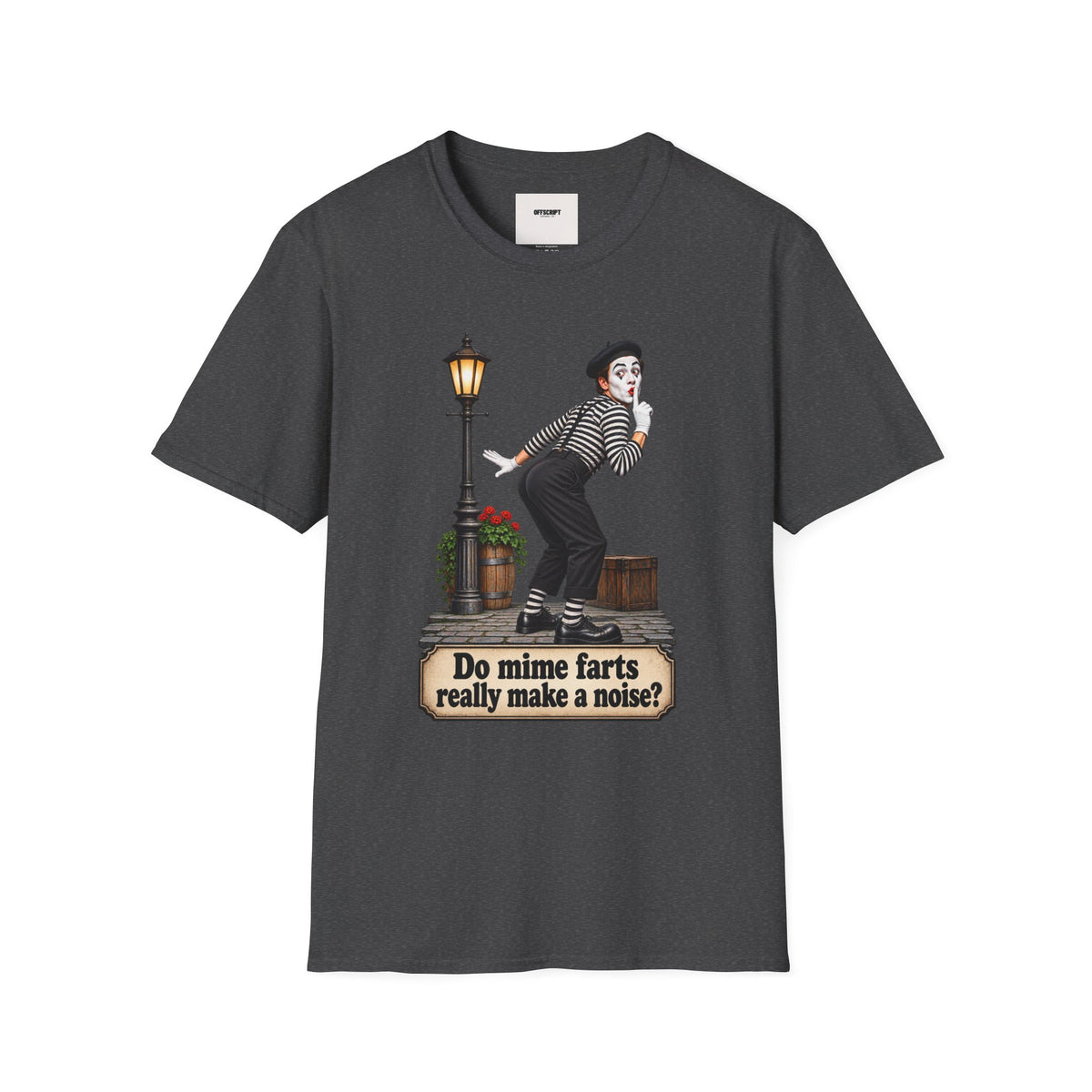 Mime Graphic T-Shirt — "Do Mime Farts Really Make a Noise?" Vintage Street Performer Tee