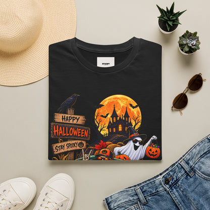 Halloween Truck T‑Shirt — "Happy Halloween, Stay Spooky" Cute Haunted Pumpkin Design