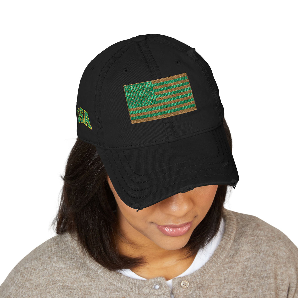 Embroidered Distressed Dad Hat — Green & Gold Flag Patch