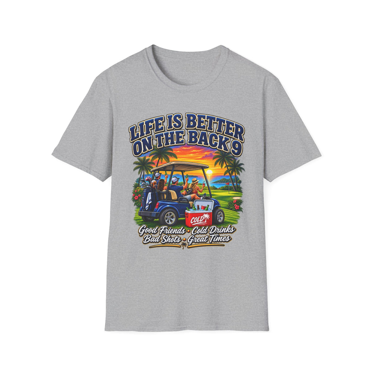 Golf T-Shirt — "Life Is Better on the Back 9" Sunset Golf Cart Design