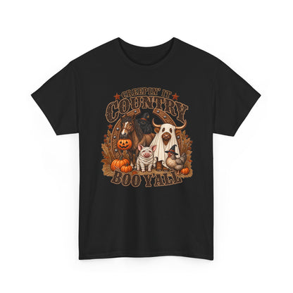 Country Halloween Tee — "Keepin' It Country Boo Y'all" Farm Animal Pumpkin T-Shirt
