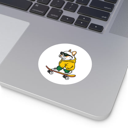 Skater Bulldog Round Sticker — Cool Frenchie on Skateboard, Indoor/Outdoor Decal