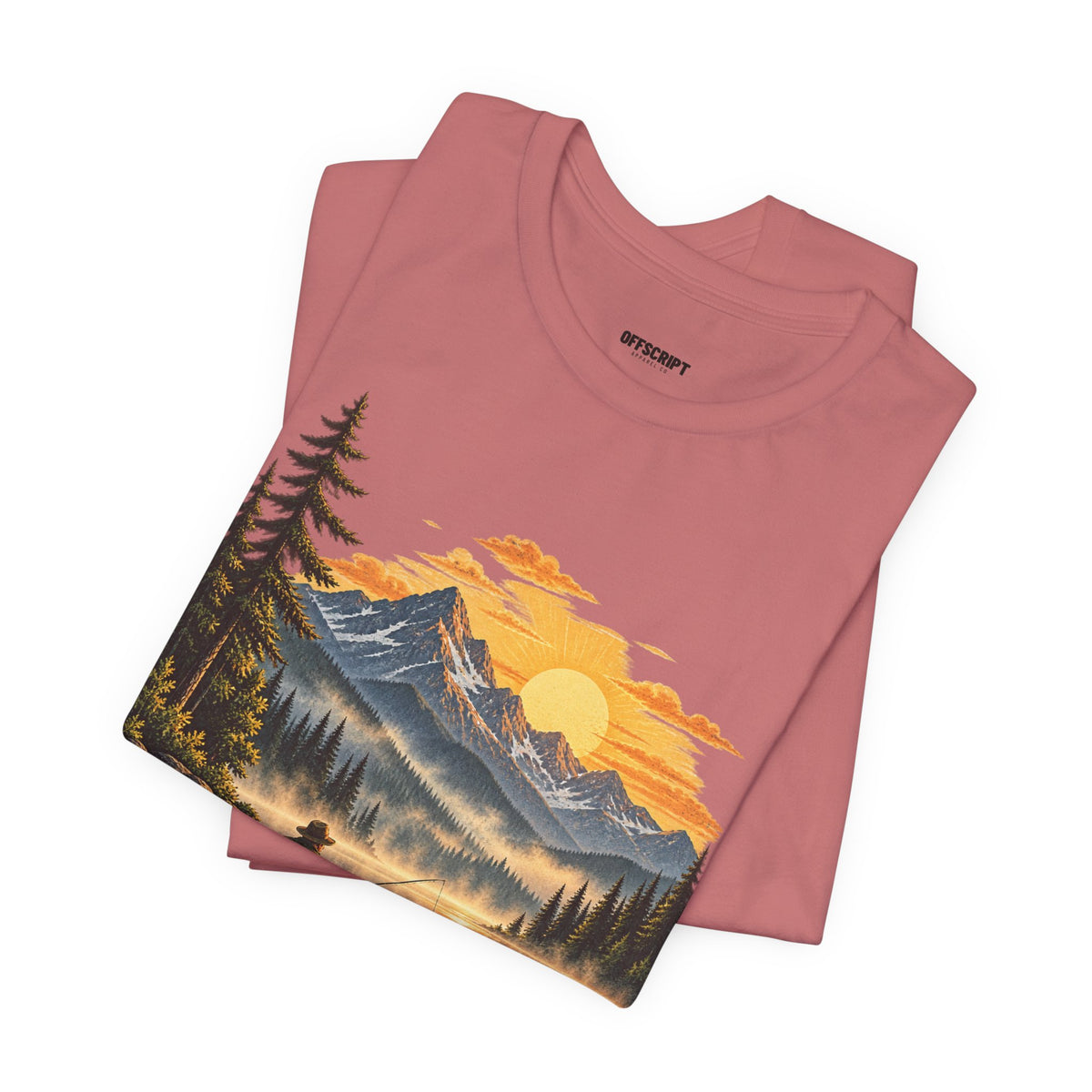 Sunset Lake Fishing T-Shirt — Mountain Boat Fishing Graphic Tee