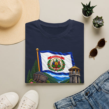 West Virginia Flag T-Shirt — State Pride Scenic Design ("Mountaineers Are Always Free")