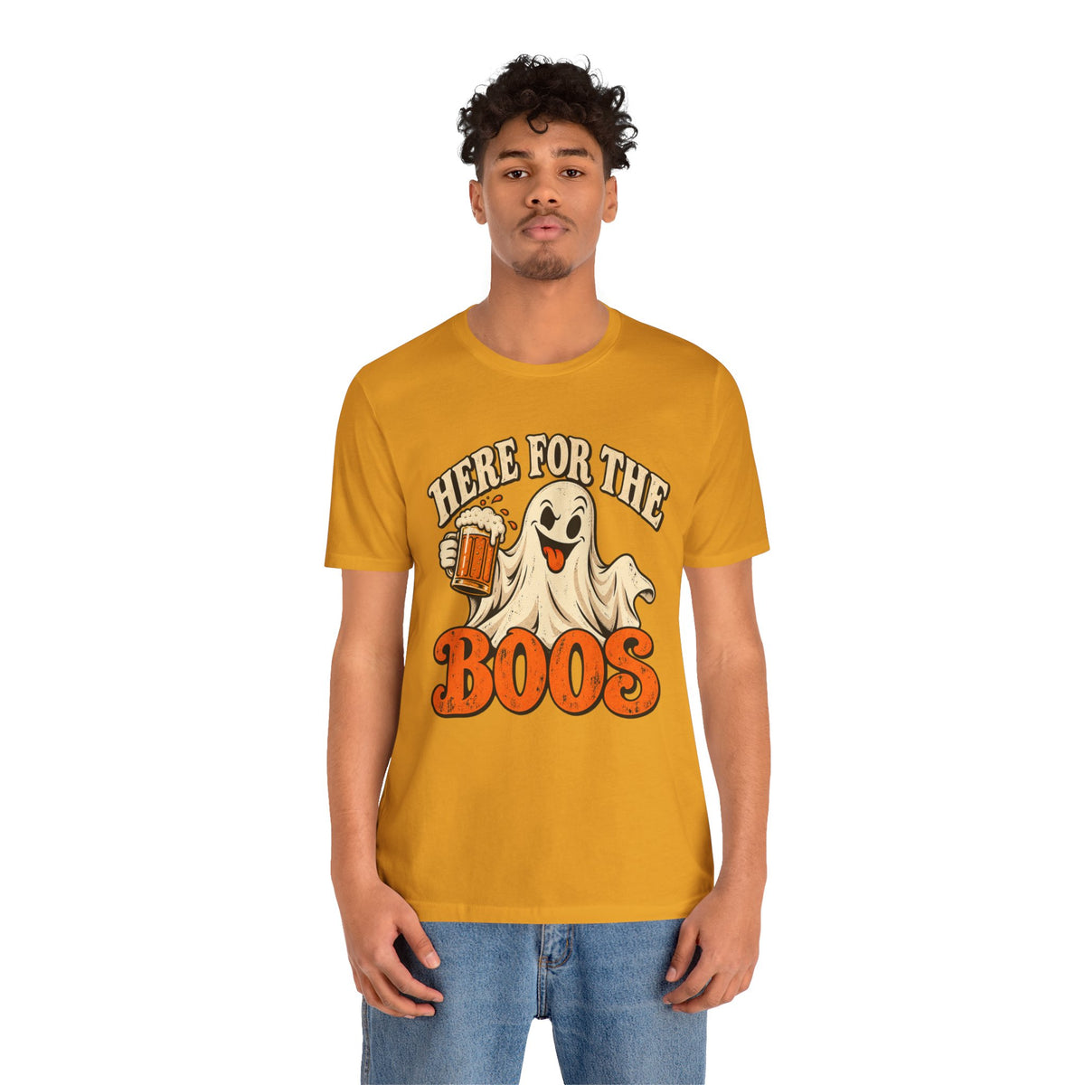 Here for the Boos Halloween T-Shirt — Ghost Drinking Beer Graphic Tee