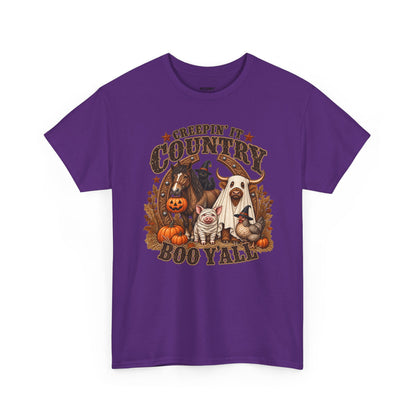 Country Halloween Tee — "Keepin' It Country Boo Y'all" Farm Animal Pumpkin T-Shirt
