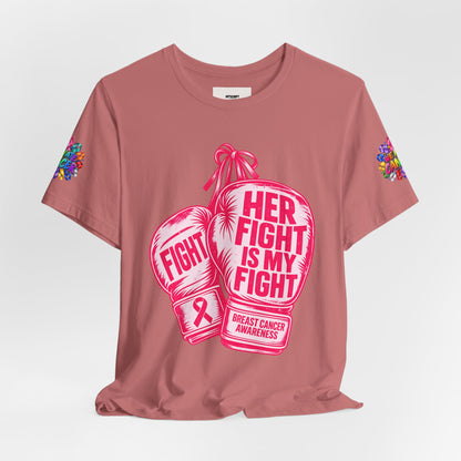 Breast Cancer Awareness Tee – “Her Fight Is My Fight” Boxing Gloves T-Shirt