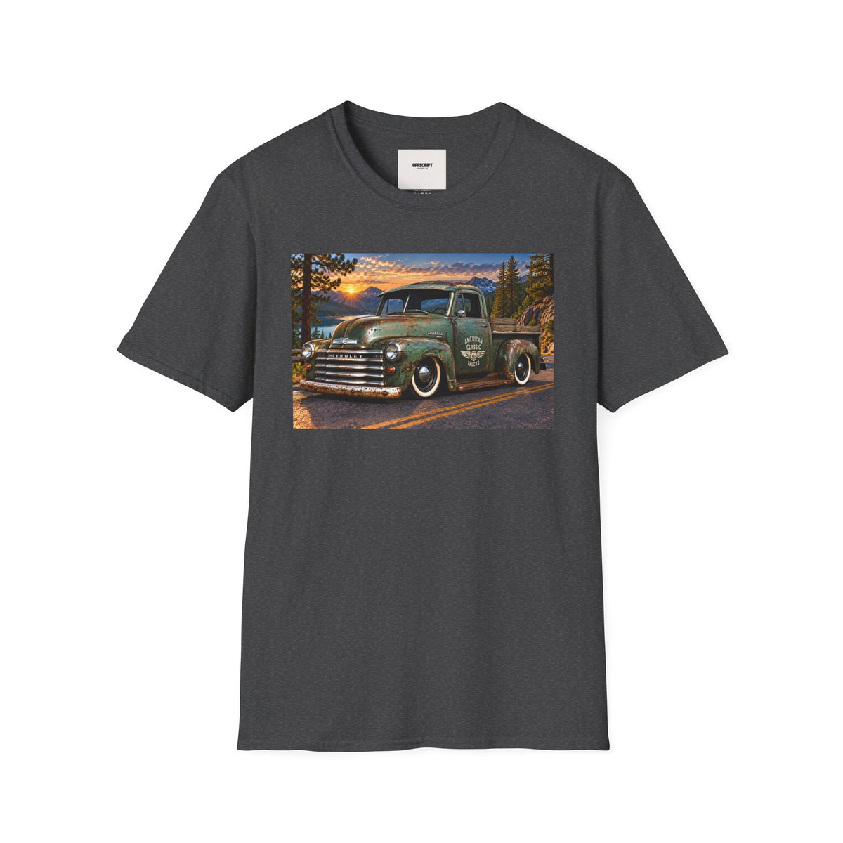 Vintage Green Pickup Truck T-Shirt — Retro Rustic Sunset Road Tee
