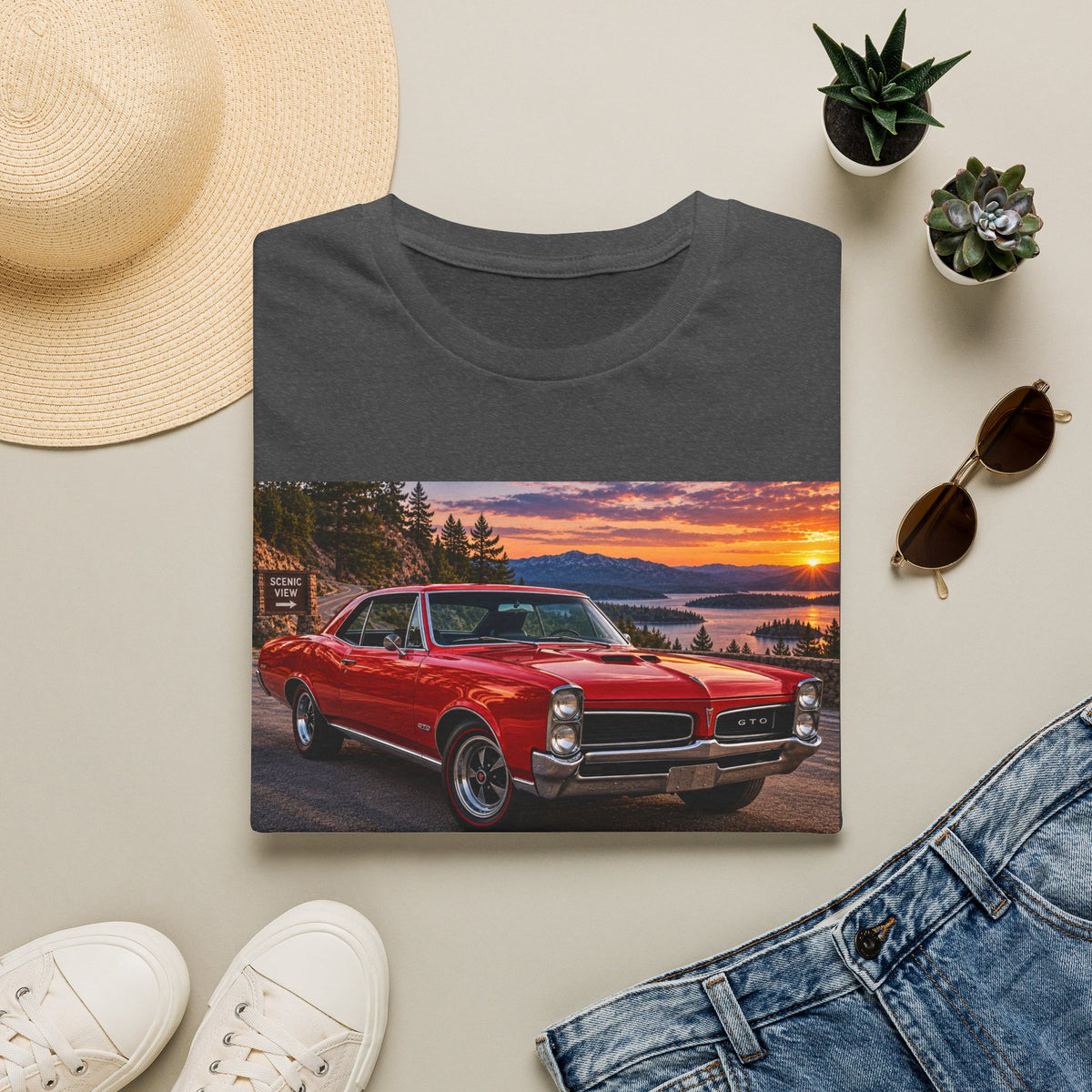 Classic Red Muscle Car T-Shirt — Vintage Pontiac Sunset Driving Tee