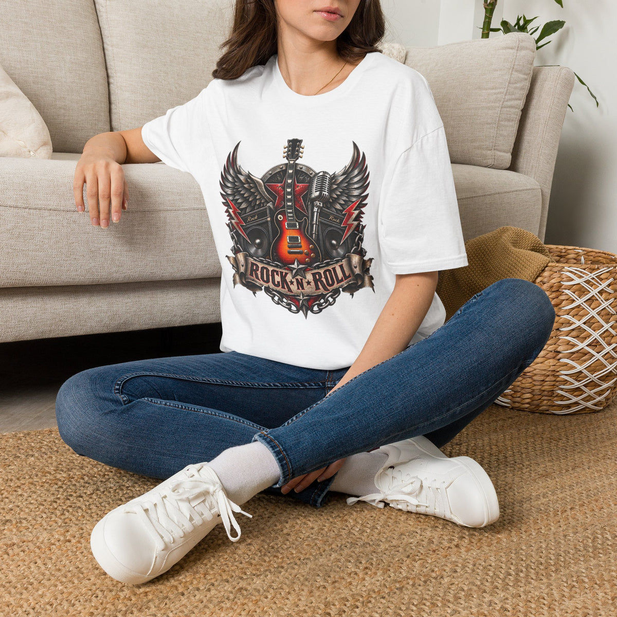 Rock 'n' Roll Guitar Tee — Vintage Winged Guitar & Microphone Design