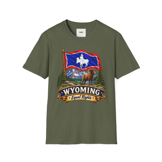 Wyoming Flag T-Shirt — Cowboy & Bison Mountain Scenic Tee