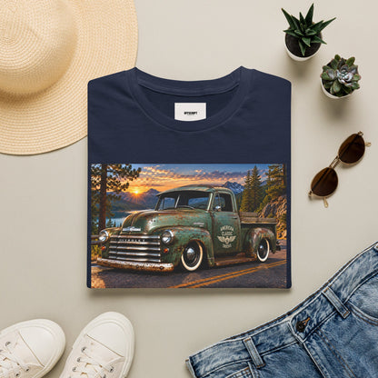 Vintage Green Pickup Truck T-Shirt — Retro Rustic Sunset Road Tee