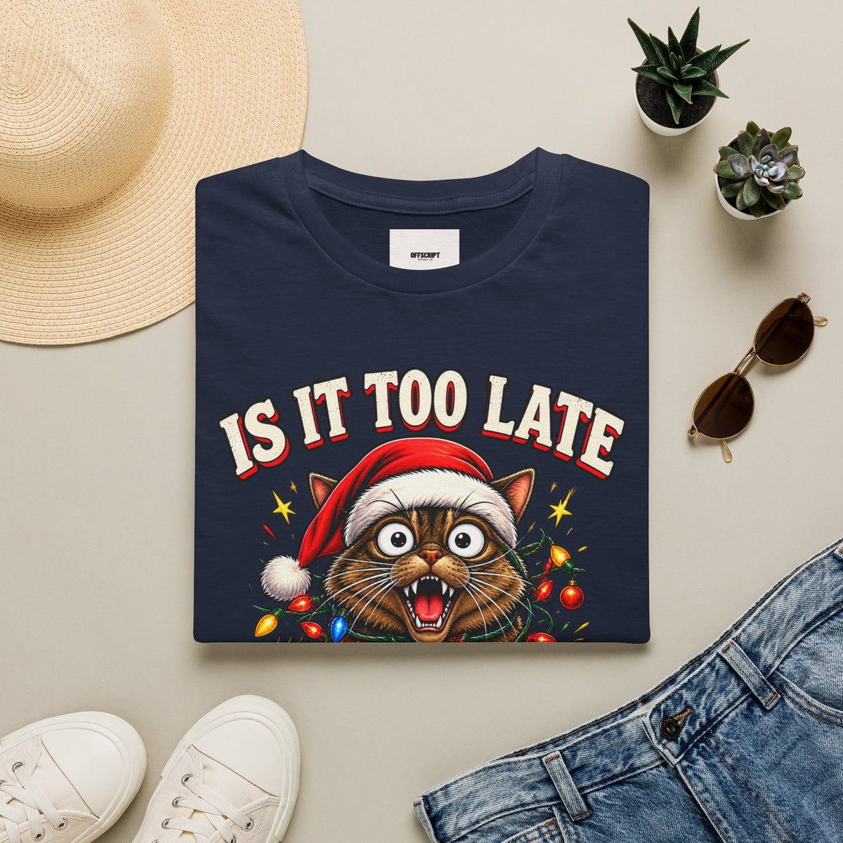T-Shirt — “Is It Too Late to Be Good?” Christmas Cat Graphic Tee