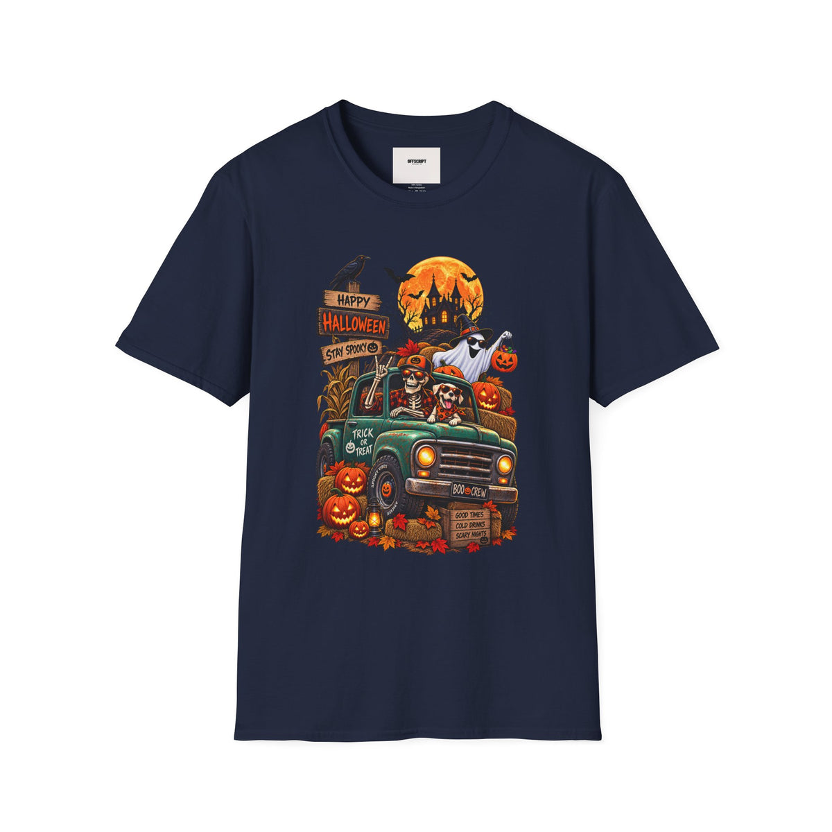 Halloween Truck Graphic T‑Shirt — Happy Halloween Ghosts & Pumpkins Design