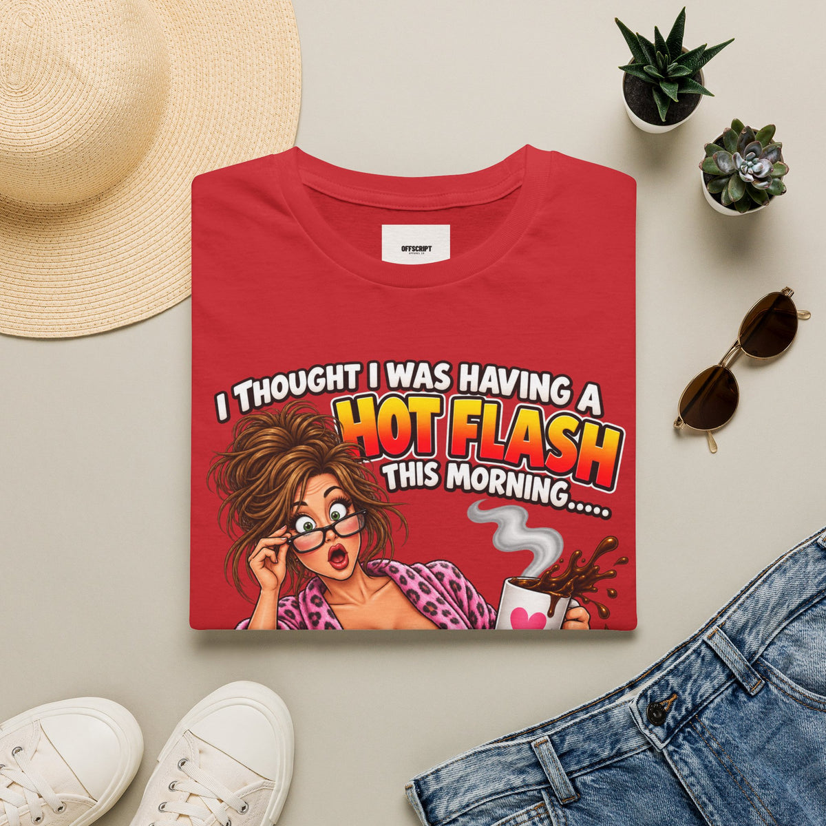 Hot Flash Coffee Tee — Funny Menopause T-Shirt (‘My Boobs Fell in the Coffee’)
