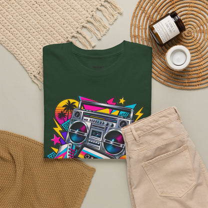 Retro Boombox Tee — 80s Neon Music Graphic T-Shirt