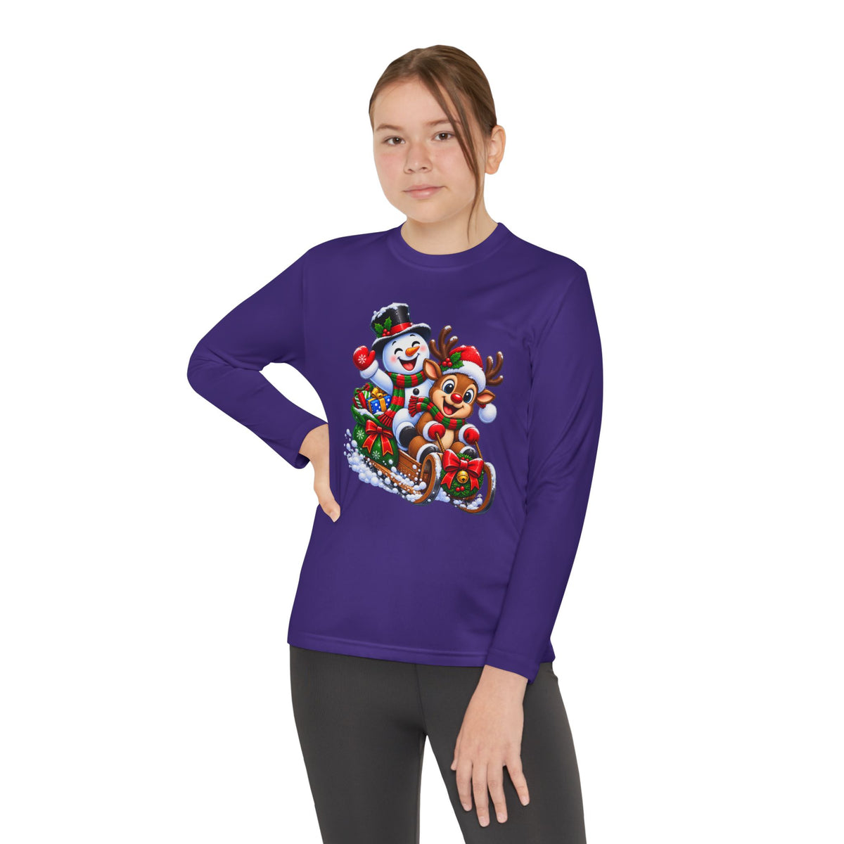 Kids' Christmas Sledding Tee — Snowman & Reindeer Holiday Long Sleeve