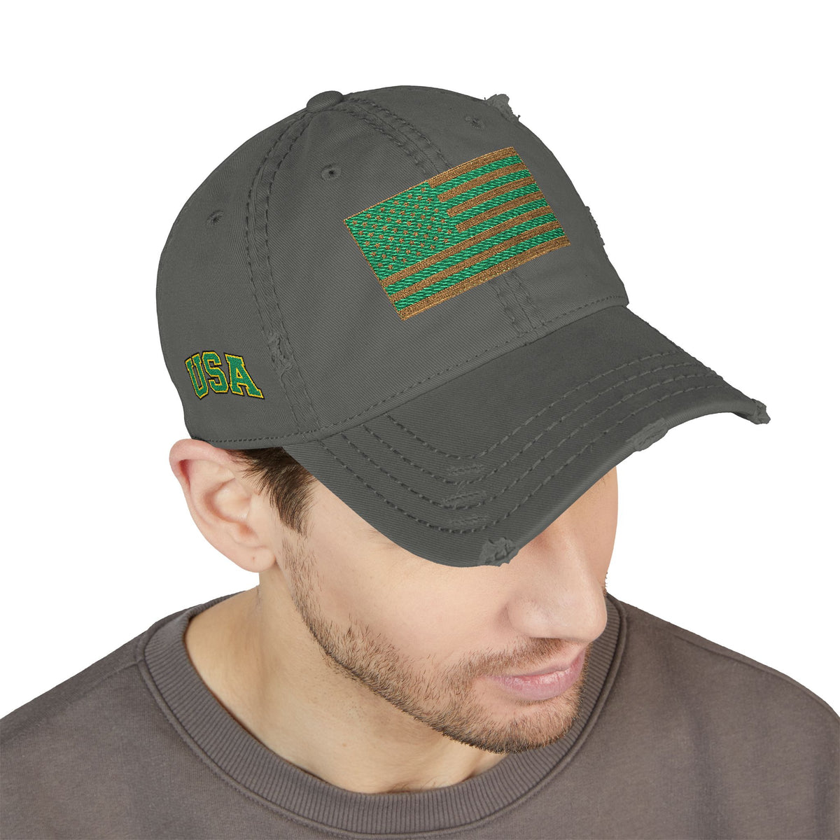 Embroidered Distressed Dad Hat — Green & Gold Flag Patch