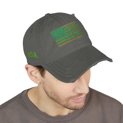 Embroidered Distressed Dad Hat — Green & Gold Flag Patch