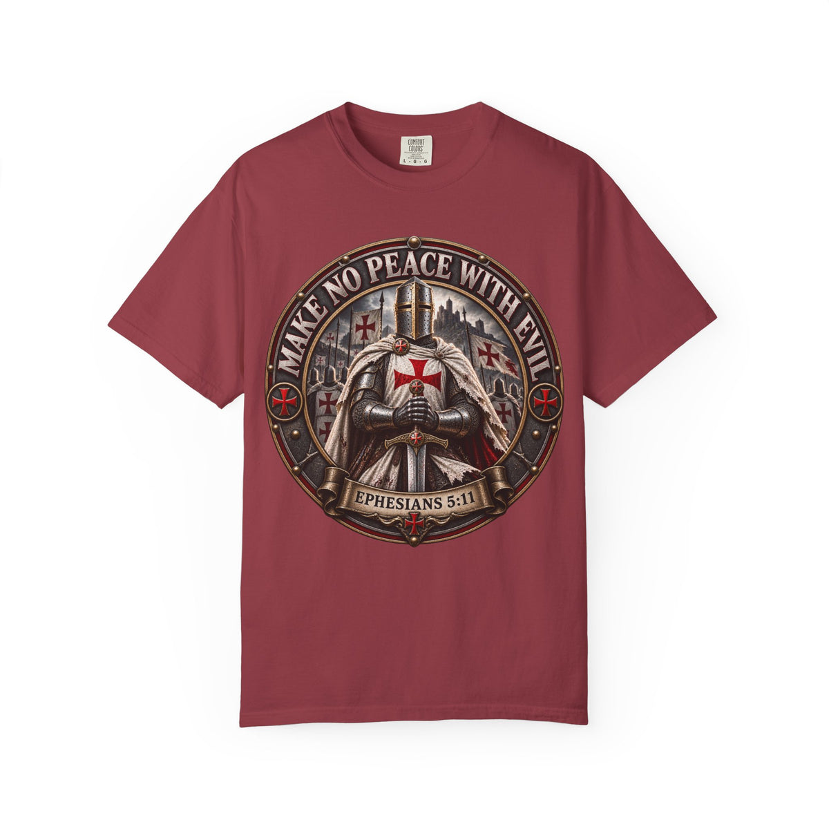 Make No Peace With Evil T-shirt | Crusader Helmet Ephesians 5:11
