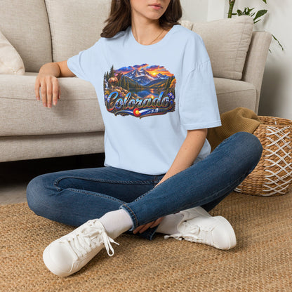 Colorado Scenic T‑Shirt — Mountain Sunset Landscape with Elk and State Script