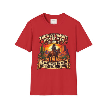 Western Graphic T-Shirt — “The West Wasn’t Won by Men in Suits” Cowboy Sunset Tee