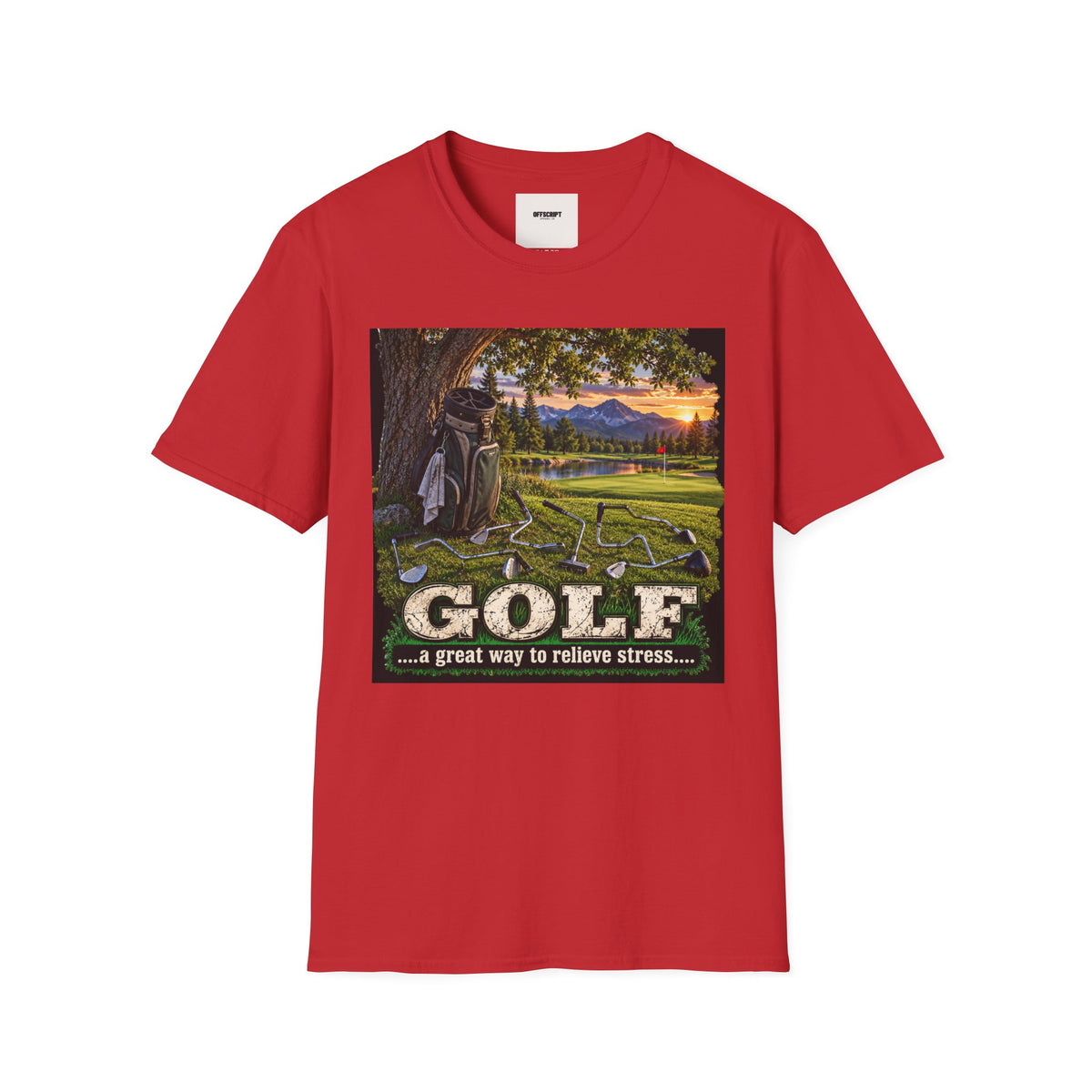 Golf Relaxation T-Shirt — "GOLF: a great way to relieve stress" Scenic Sunset Design