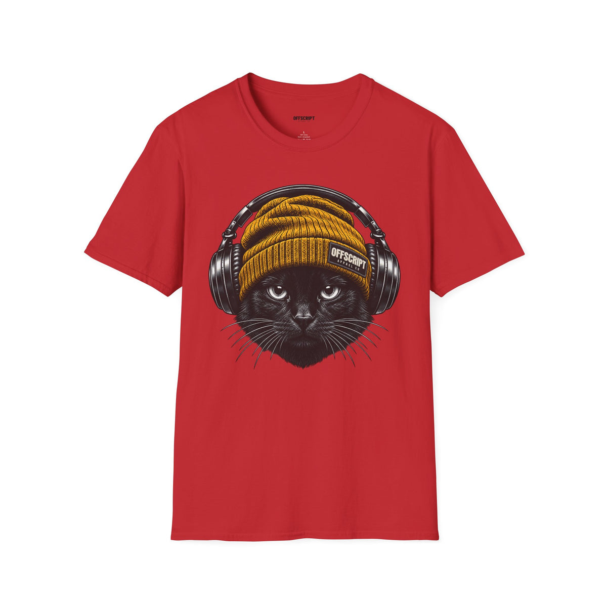 Cat Headphones T-Shirt — Cool Black Cat with Beanie & Headphones Graphic