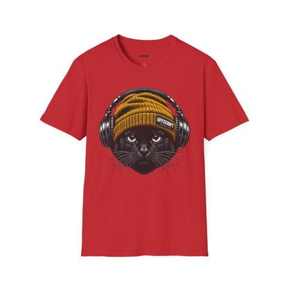 Cat Headphones T-Shirt — Cool Black Cat with Beanie & Headphones Graphic